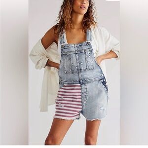Denim Overall Shorts with American Flag Design